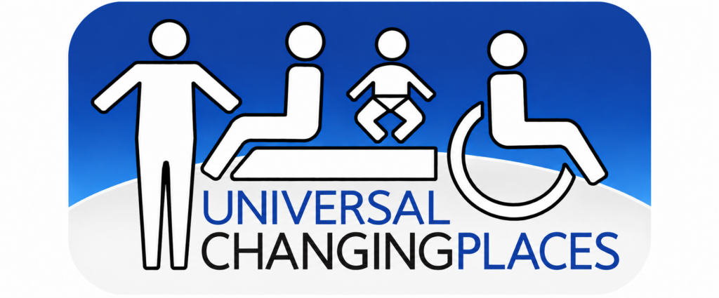“Universal Changing Places logo featuring symbols of a standing person, an adult changing table with caregiver, and a wheelchair user.”